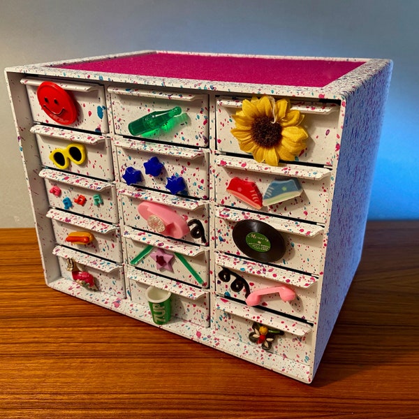 Creative hand decorated 15-drawer jewelry box with a variety of applied trinkets - originally an Akro-Mils storage case