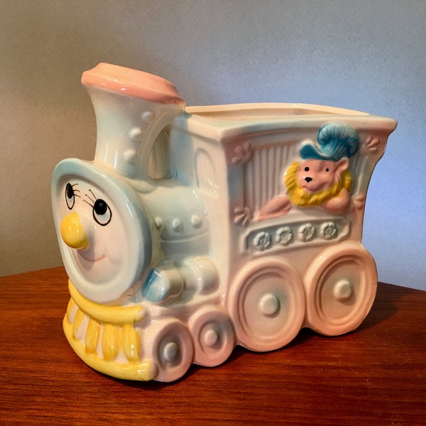 Adorable vintage ceramic choo choo train nursery planter made in Japan by Relpo - number 7023