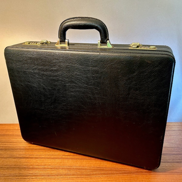 Vintage black faux leather attache briefcase with combination locks - expandable