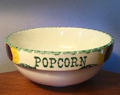Rare vintage Crock Shop quot Popcorn quot pottery bowl with sunflowers and green trim