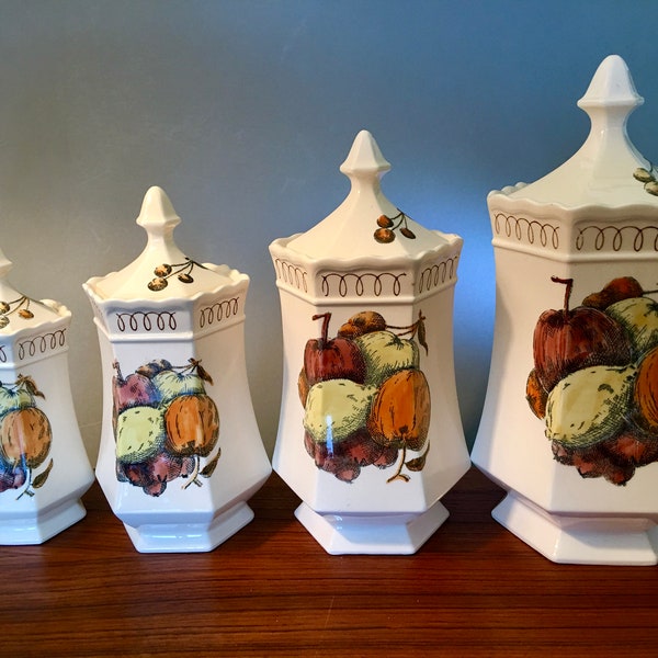 Set of four vintage Shafford "Bennington Square" ceramic porcelain canister set with fruit images and unique octagon shape made in Japan