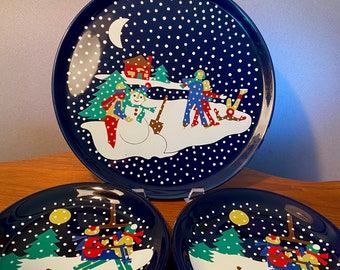 Vintage Lillian Vernon colorful cake plate and two smaller plates with winter scene made in Japan