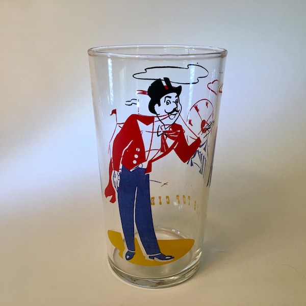 Vintage “Big Top Circus” glass tumbler featuring the ring master from the 60s