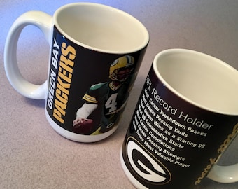 INCLUDES BOTH! Pair of Green Bay Packers "Brett Favre NFL Record Holder" official ceramic mugs