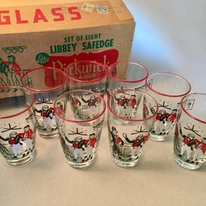 Set of 8 vintage Libbey Pickwick glasses of men toasting with the original box from the 1950s