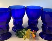 1930s set of four brilliant cobalt blue quot Moondrops quot footed tumblers by New Martinsville - two sets may be available