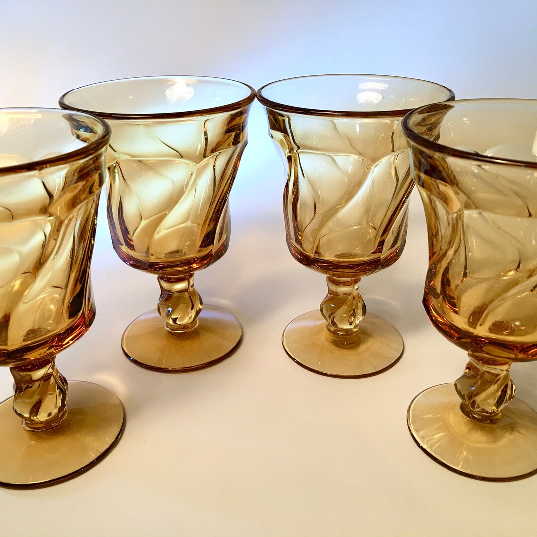Set of 4, 8 or 12 Vintage Fostoria Jamestown Amber Footed Water Goblets