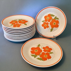 May include: A set of ceramic plates with a floral design. The plates have a speckled beige background, orange flowers, green leaves, and an orange rim. The plates are stacked and arranged on a gray surface.