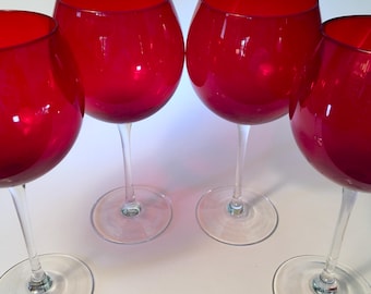 1 SET LEFT! Set of four large red balloon wine glasses on clear slender stem - 8.5" tall