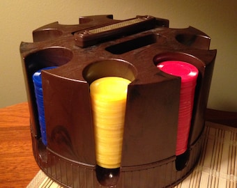Retro poker chip caddy with various colored poker chips