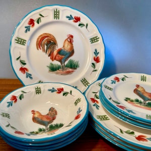 Vintage Epoch &quot;Red Rooster&quot; dinner plates, salad plates or soup or cereal bowls made in Indonesia - price is for each set of 4