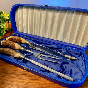Vintage Englishtown stainless steel 3-piece carving set with faux stag horn handles in original storage case