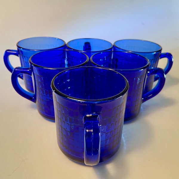 Set of six cobalt blue glass cups with texture grid pattern made in Mexico - price includes all six