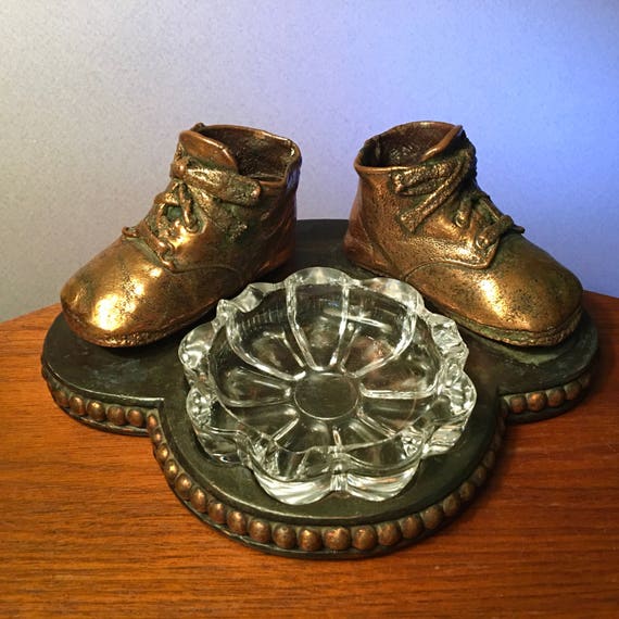Vintage Bronzed Baby Shoes With Glass Dish on Cast Iron Base Etsy