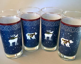 2 SETS AVAILABLE! Set of four "Snow Flurries" glass tumblers designed by Debbie Mumm in original box