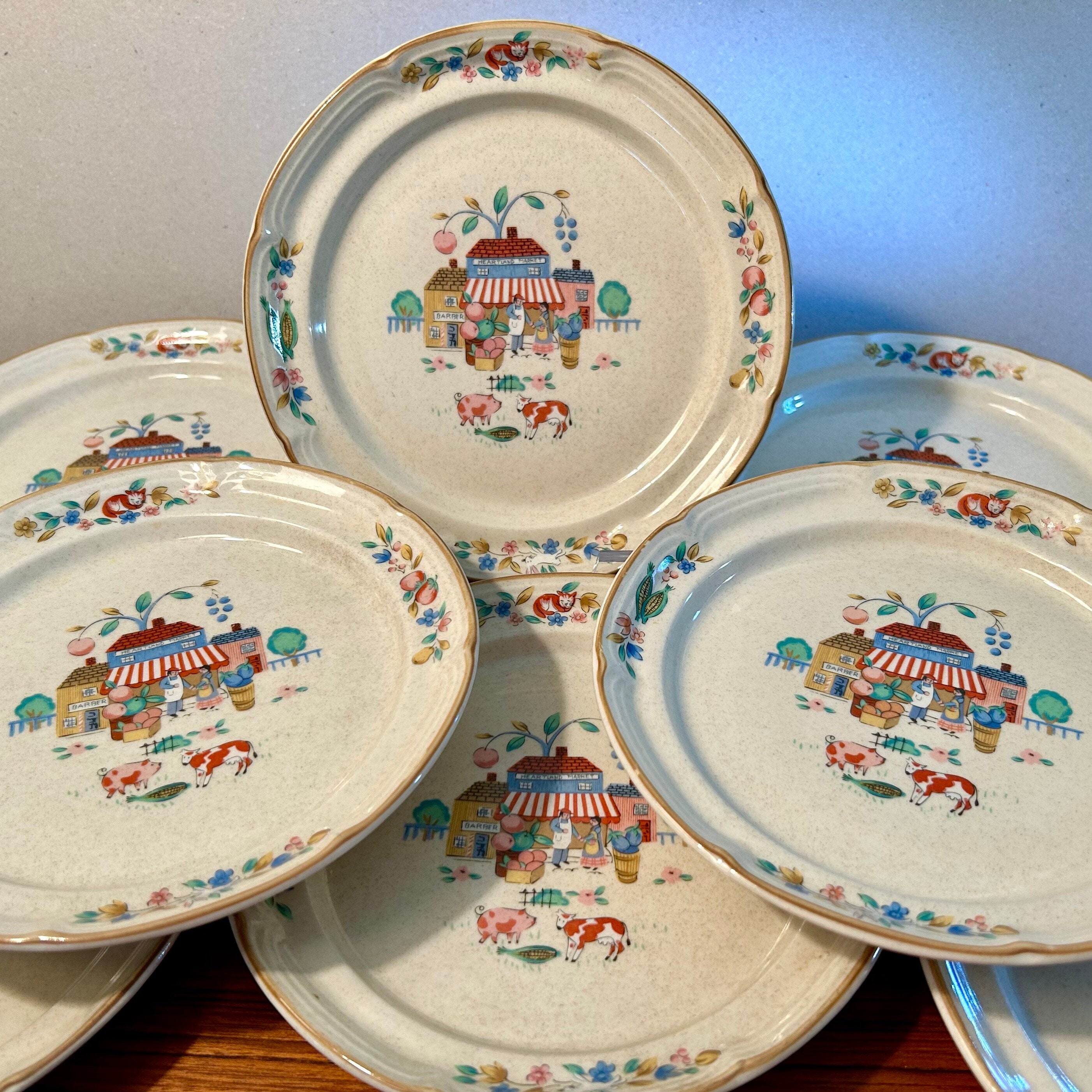 1994 set of 8 vintage Heartland Village stoneware salad plates by International Tableworks Number 105