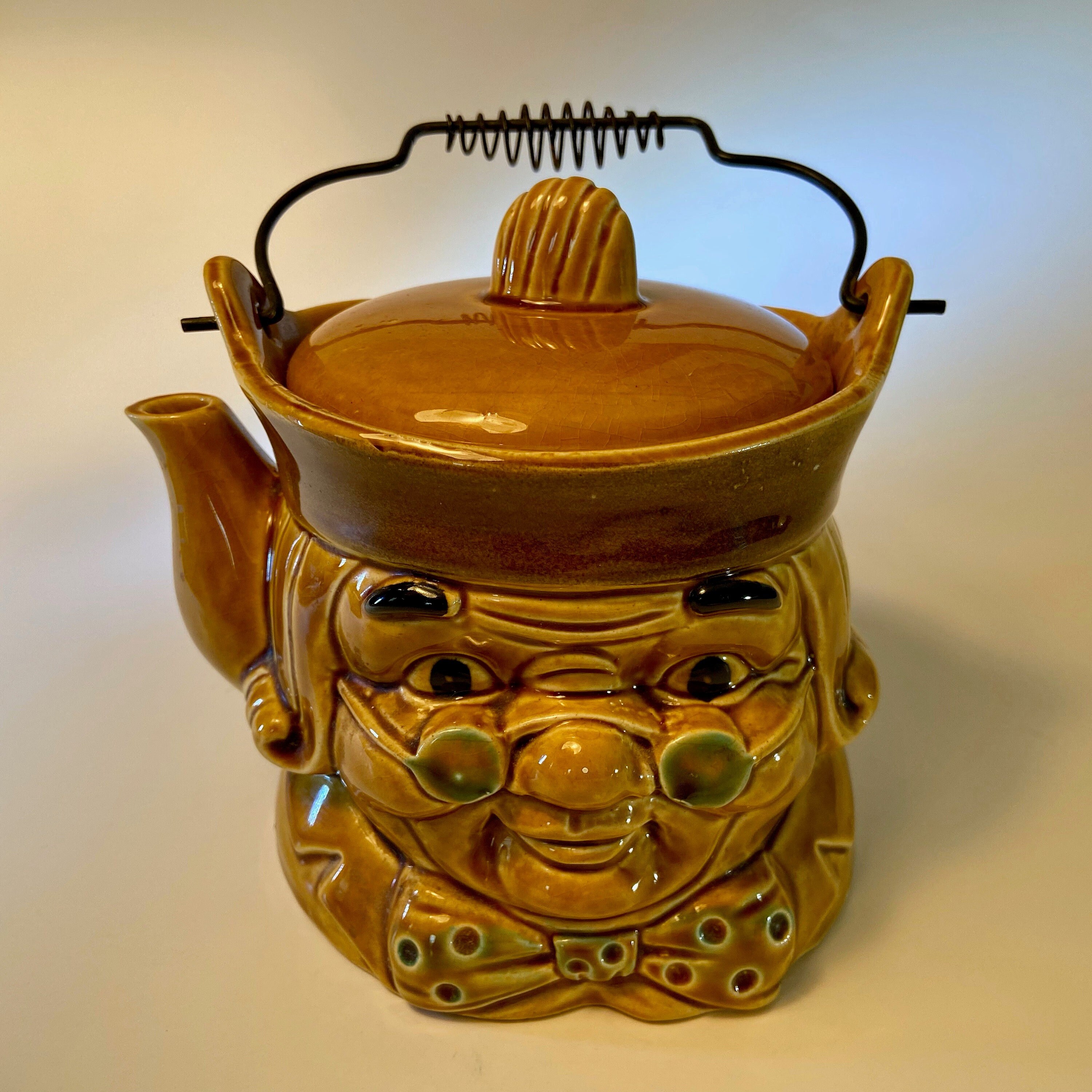 Vintage Teapot With Smiling Granny Face With Metal Handle
