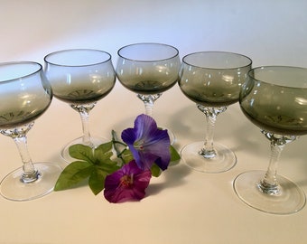 2 SETS AVAILABLE! Stunning set of five Sasaki "Coronation" crystal liquor cocktail glasses with smoky gray bowl and twisted stems