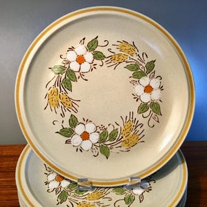 Set of four vintage &quot;Prairie Flowers&quot; Garden Festival by Hearthside stoneware hand painted dinner plates