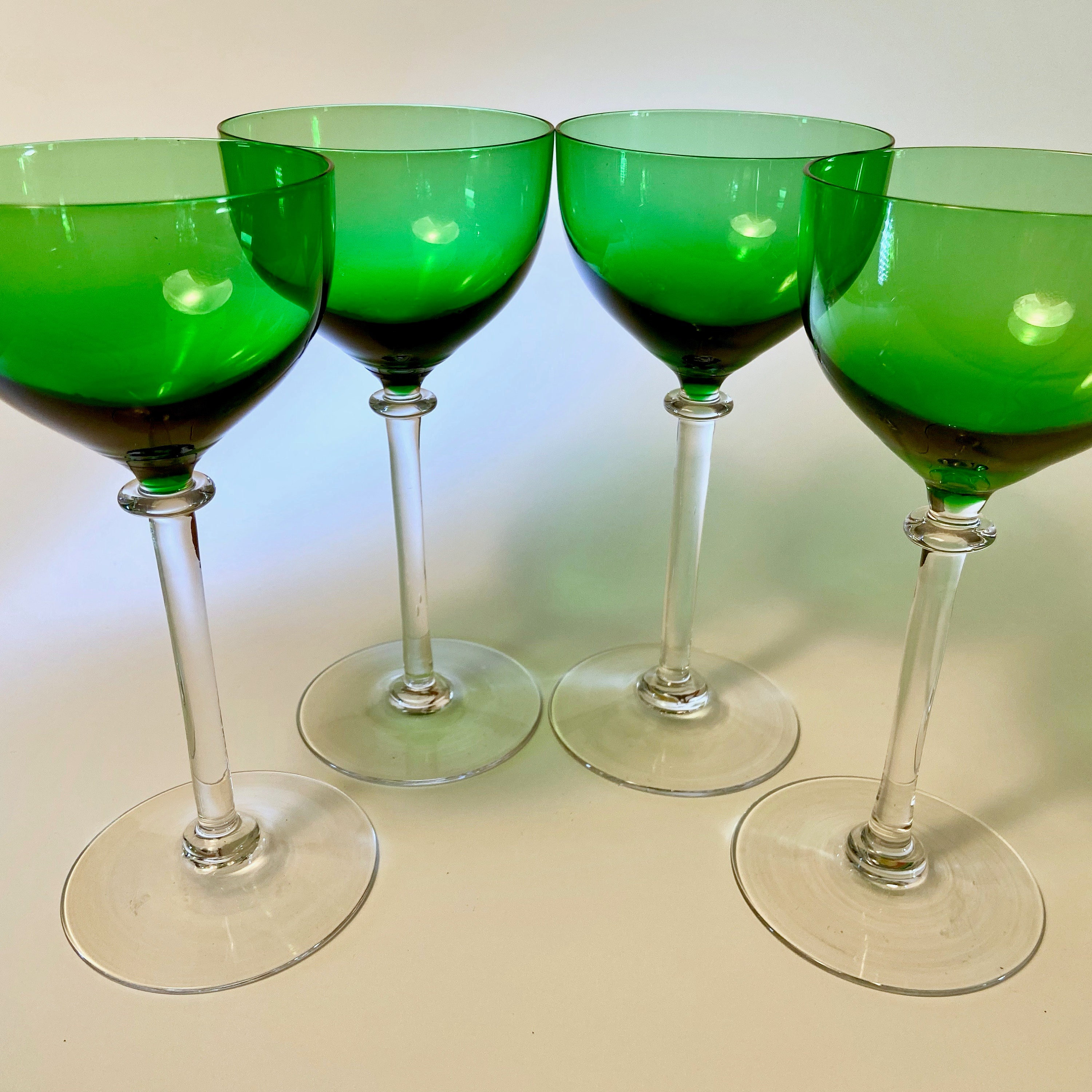 7.5” STEM WINE GLASSES WITH GREEN COLOR GLASS BEADS ON STEMS SET OF 4 -  HOLIDAY!