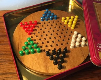 Fundex Chinese Checkers solid wood game board with storage tin - never used