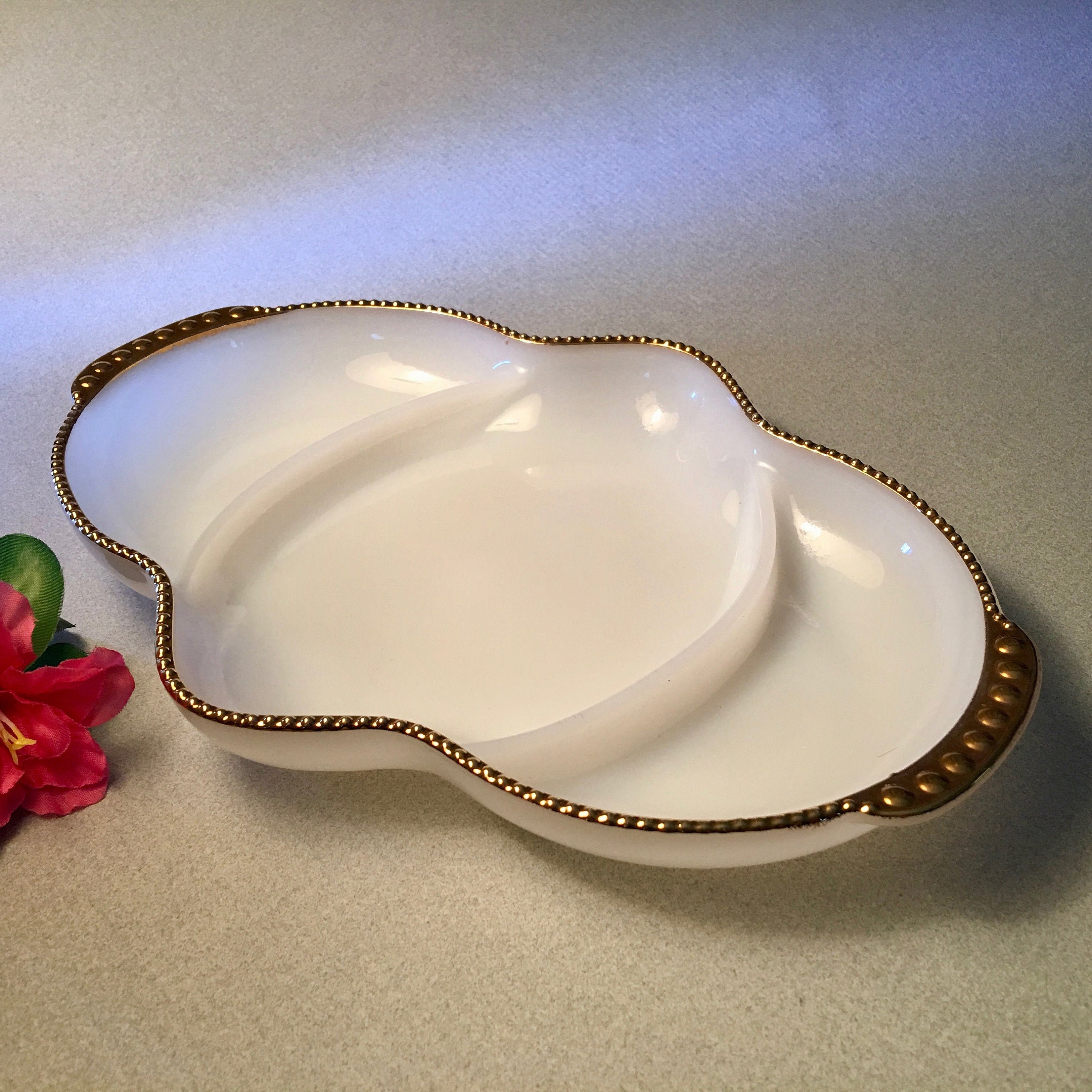 Vintage Fire-king Oven Ware White Milk Glass Three Section Tray