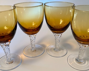 2 SETS AVAILABLE! Set of 4 vintage crystal wine glasses with amber bowls and clear twisted stems, 5.75" tall and holds 8 oz, price per set