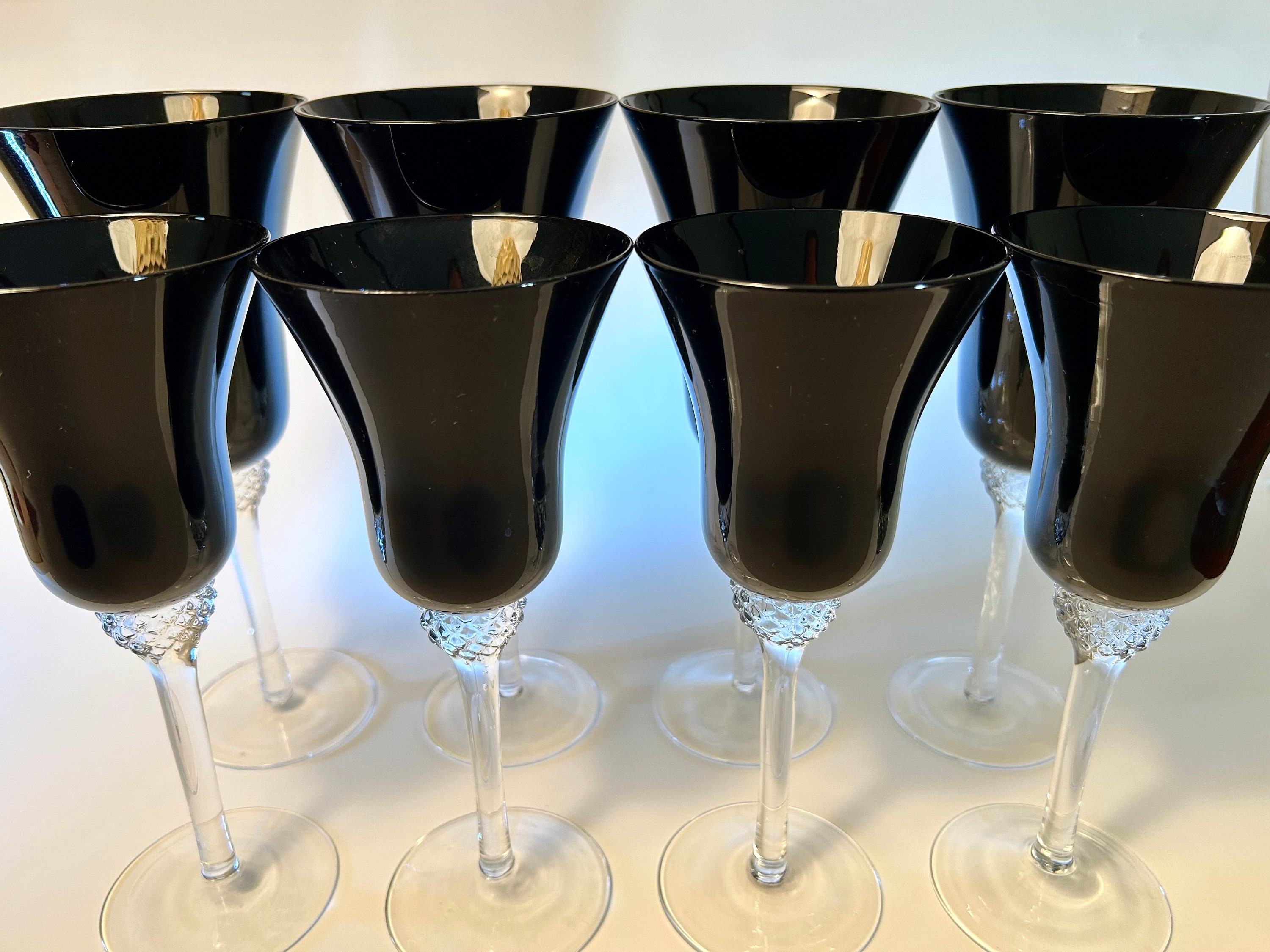 Set of 4 American Future LICORICE 5 Oz Wine Glasses, 5 7/8, Shiny Black,  Black Glass, Wine Goblet 