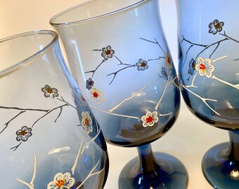 Set of five vintage Libbey blue water glasses with white flowers - price includes all five