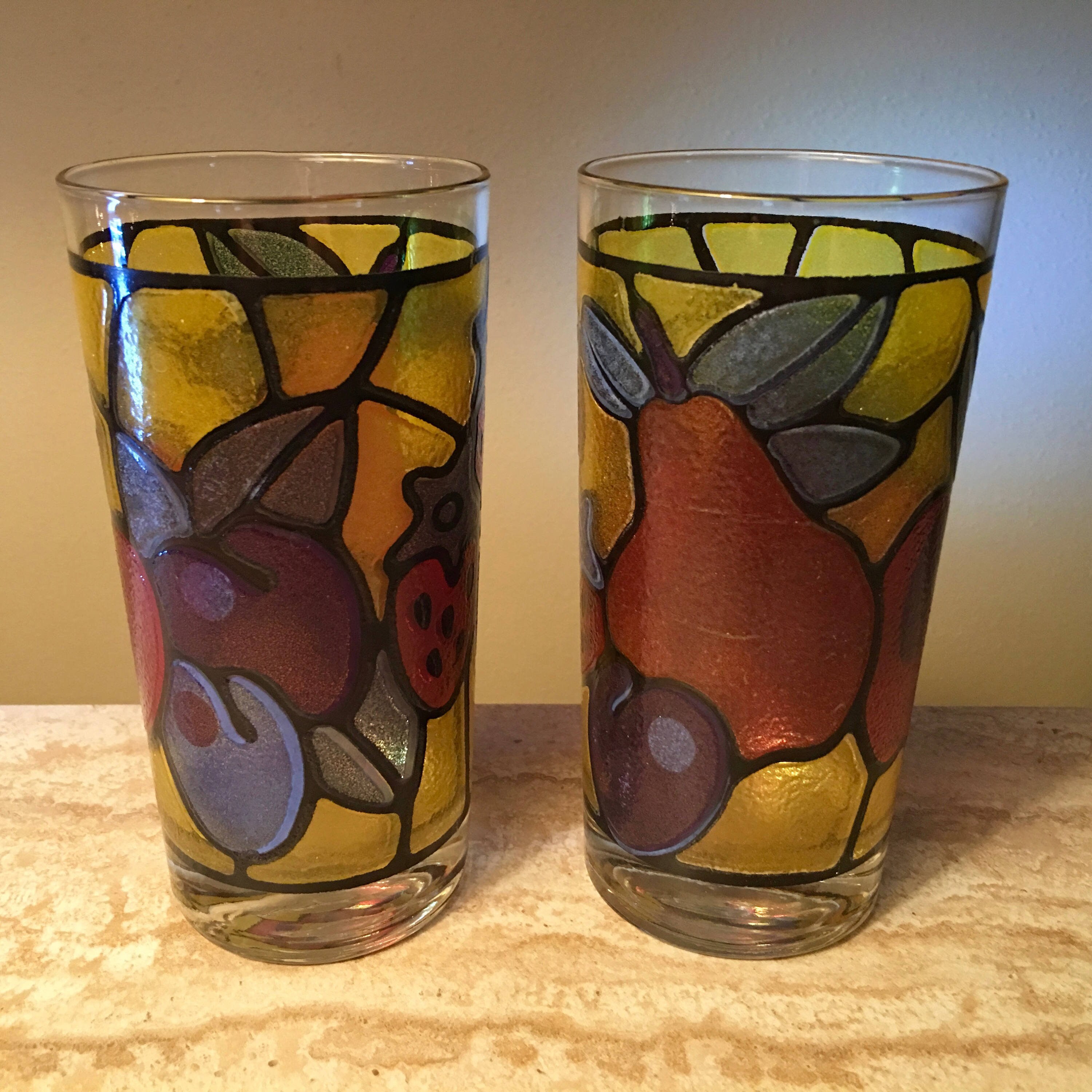 Two vintage stained glass fruit design glasses by Libbey Etsy