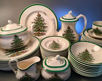 Sets of vintage Spode "Christmas Tree" dinner and salad plates, bowls, cups and saucers, teapot, coffee pot and more made in England