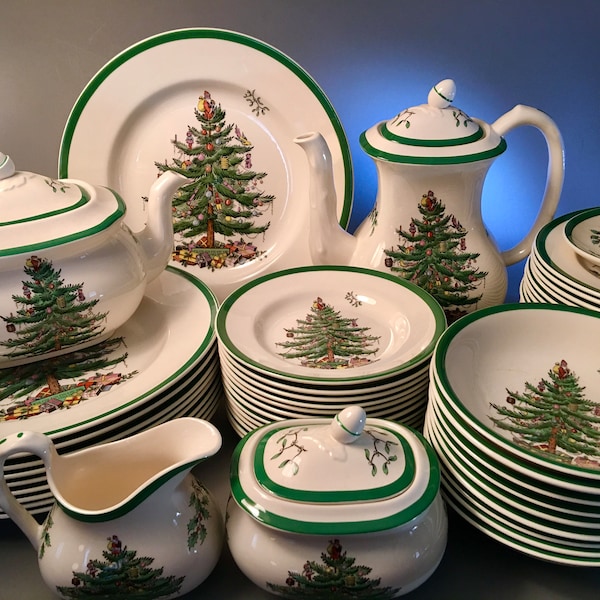 Sets of vintage Spode "Christmas Tree" dinner and salad plates, bowls, cups and saucers, teapot, coffee pot and more made in England