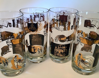 Set of four cool retro mad men industrial tumbler glasses with awesome graphics in black and gold