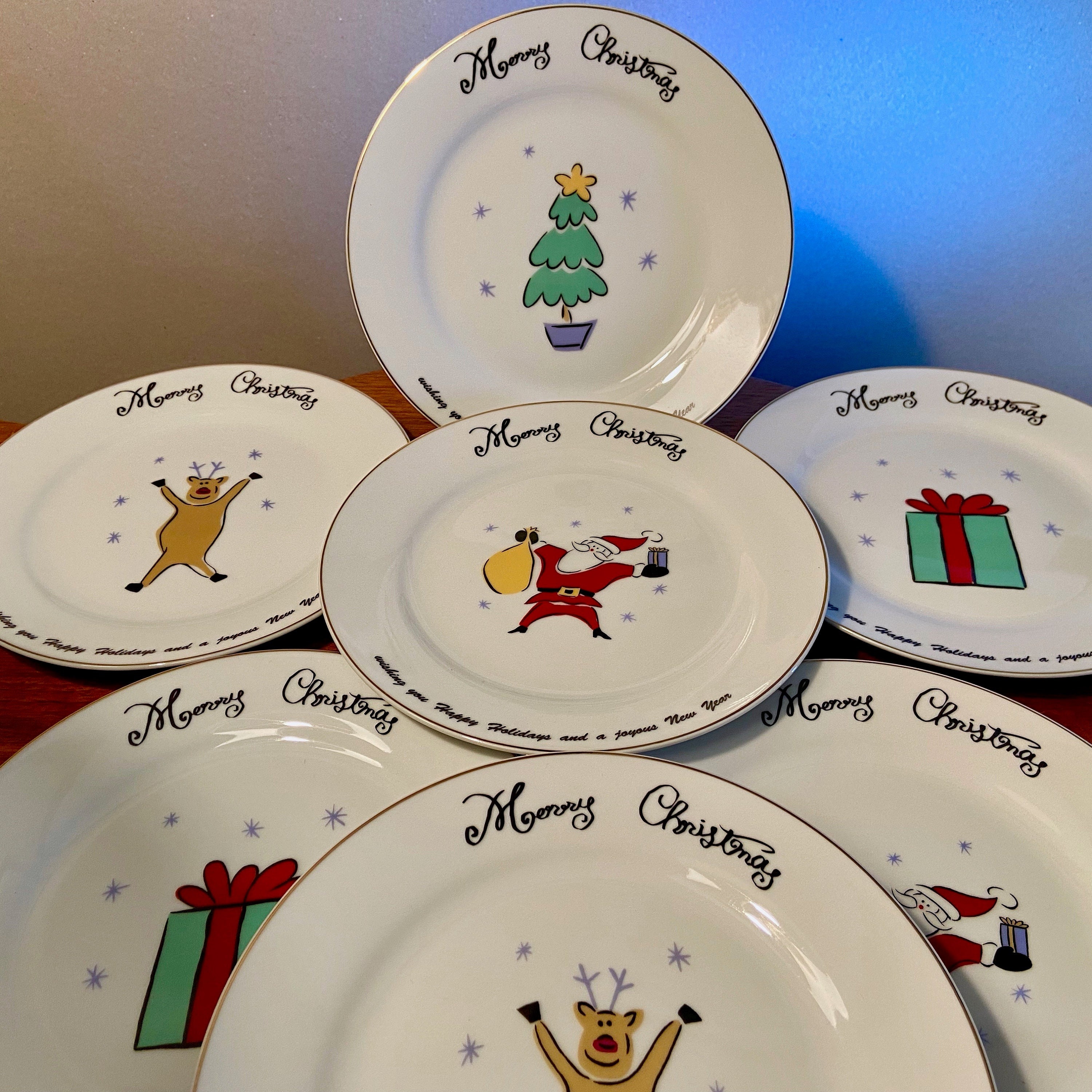 Set of 4 Merry Brite Christmas 8” Salad Dessert Plates Tree Santa Reindeer  Gift