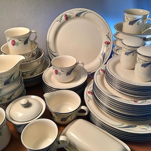 May include: A complete cream-colored dinnerware set with a floral and leaf design. The set includes plates, cups, saucers, bowls, a sugar bowl, creamer, and salt and pepper shakers. The rims are accented with a dark blue trim.