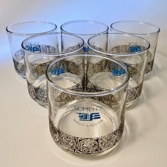 Set of Six Vintage Schlitz Malt Liquor Small Glasses With Blue