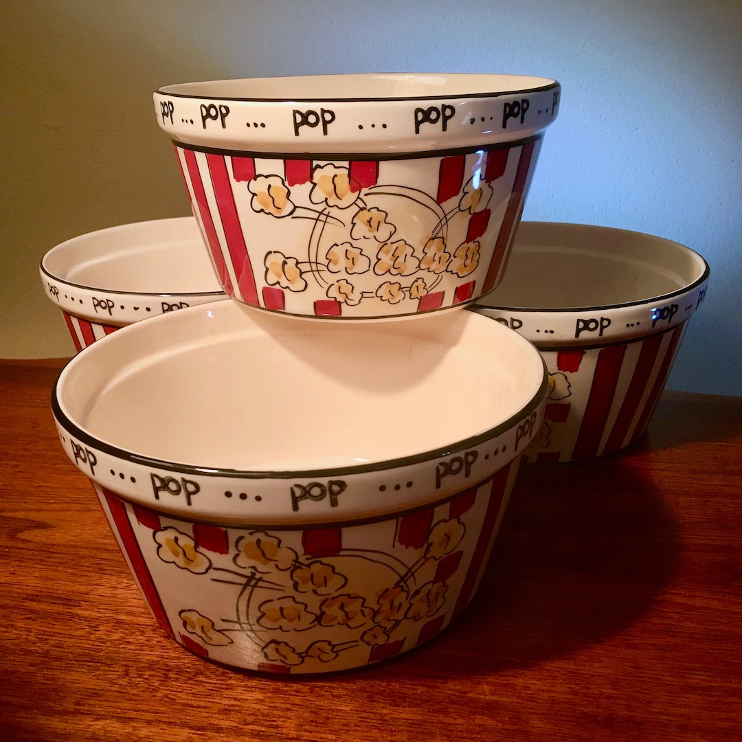 PRICE INCLUDES ALL 4! Set of 4 vintage individual ceramic red and white popcorn bowls from Kitchen Prep 101 by Tabletops Unlimited