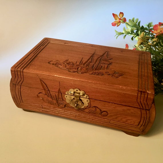 Jewelry Box Valet Hand Carved Cedar Vintage Vanity Decor