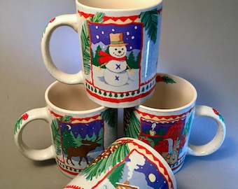Set of four vintage Tienshan "Holiday Lodge" mugs with four different designs by Andrea Tachiera - price includes all four