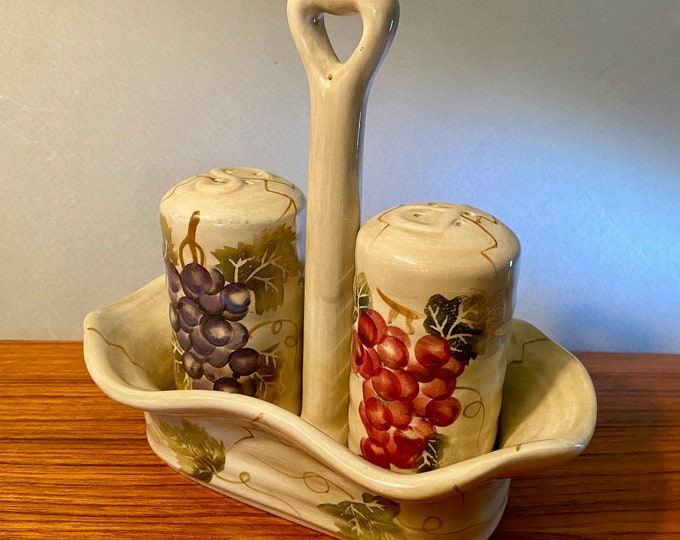 Vintage Hand Painted Salt and Pepper Set in Caddy by Tabletops