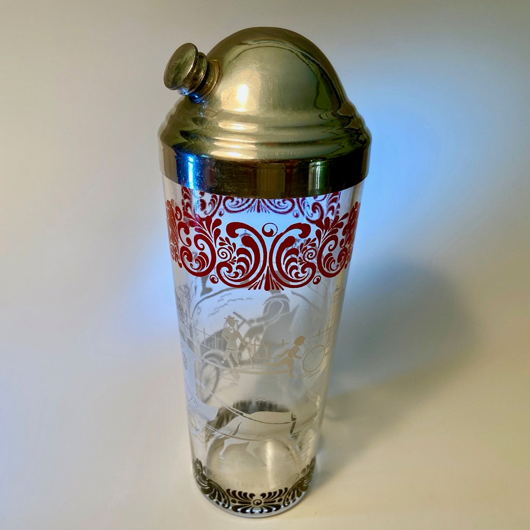 Retro Glass Cocktail Shaker Set With Red Filigree Design and Old