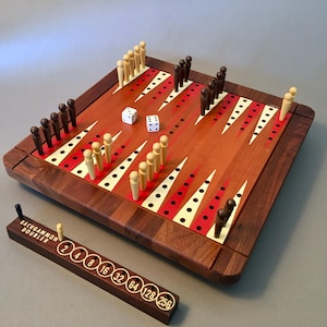 May include: A wooden backgammon board with red and white triangles, brown and beige game pieces, and two dice. A separate wooden doubling cube is also present. The board is rectangular with a dark brown border.