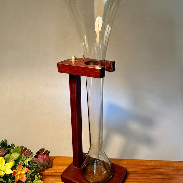 Vintage "Half Yard of Ale" beer glass with wood stand Meade in Mexico - holds 30 ounces and almost 18" tall