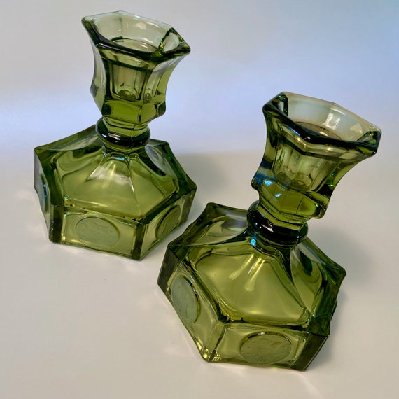 1 Pair Vintage Fostoria Coin Ware Olive Green Candle Stick Holders Art