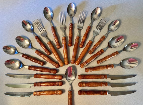 Vintage Stainless Flatware With Wood Spindle Handles Made in