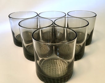 Set of 6 retro tinted black small smoky glasses with textured base - holds 6 ounces - price is for all 6 glasses