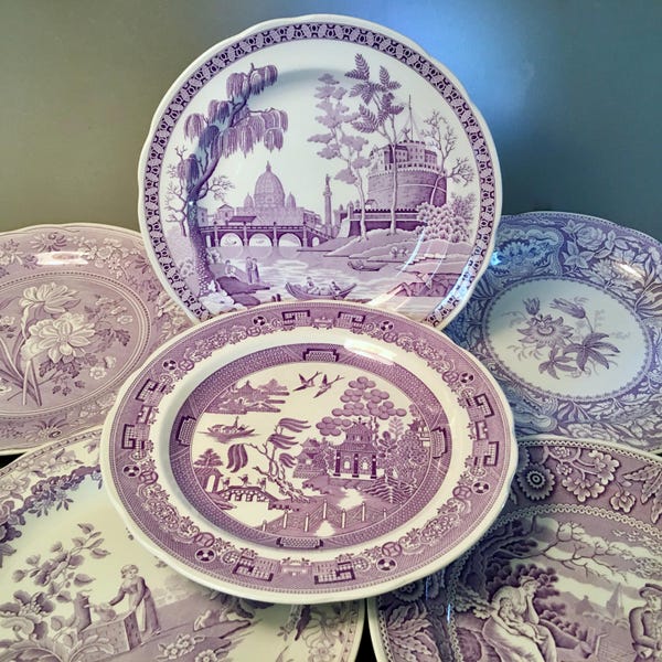 YOUR CHOICE! Spode Archive and Blue Room Collection Lilac plates made in England - Rome, Girl at Well, Floral, Willow, Woodman or Botanical