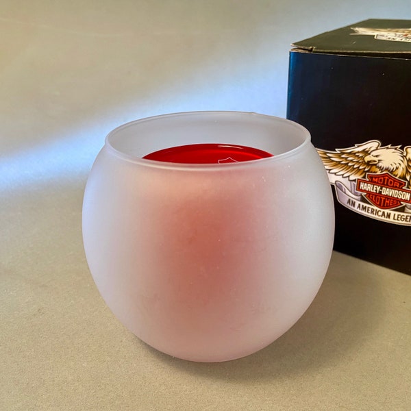Harley-Davidson frosted votive candle holder with H-D shield on inner red votive holder in original box - never used