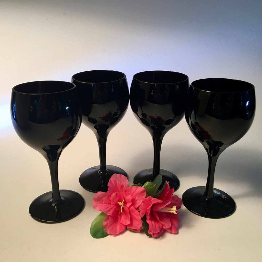 Set of Four Vintage Small Black Crystal Wine Glasses From American