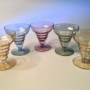 Set of five vintage small Art Deco style sherry or cordial glasses in assorted colors - price includes all